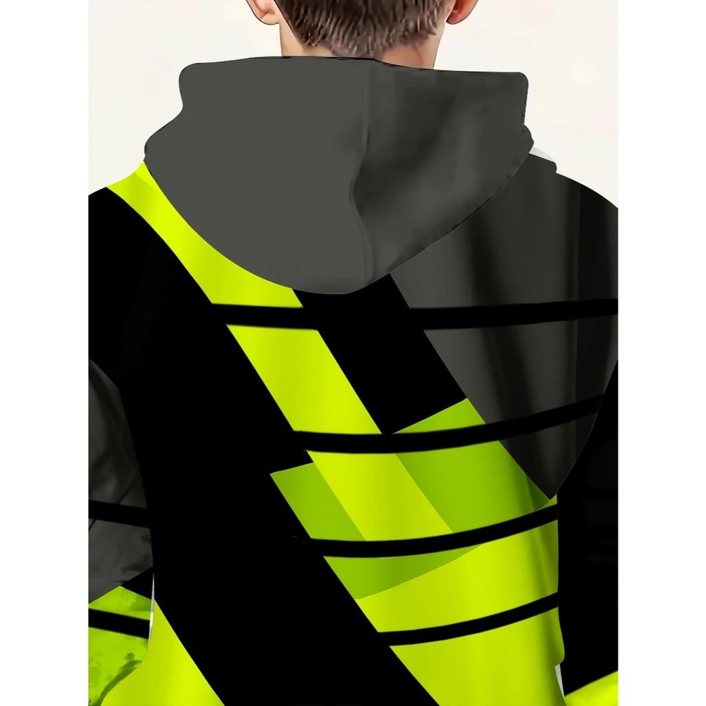 Trendy and Fashionable Children's Hoodies In Spring and Autumn Seasons, Gray Green Black Three Tone Striped 3D