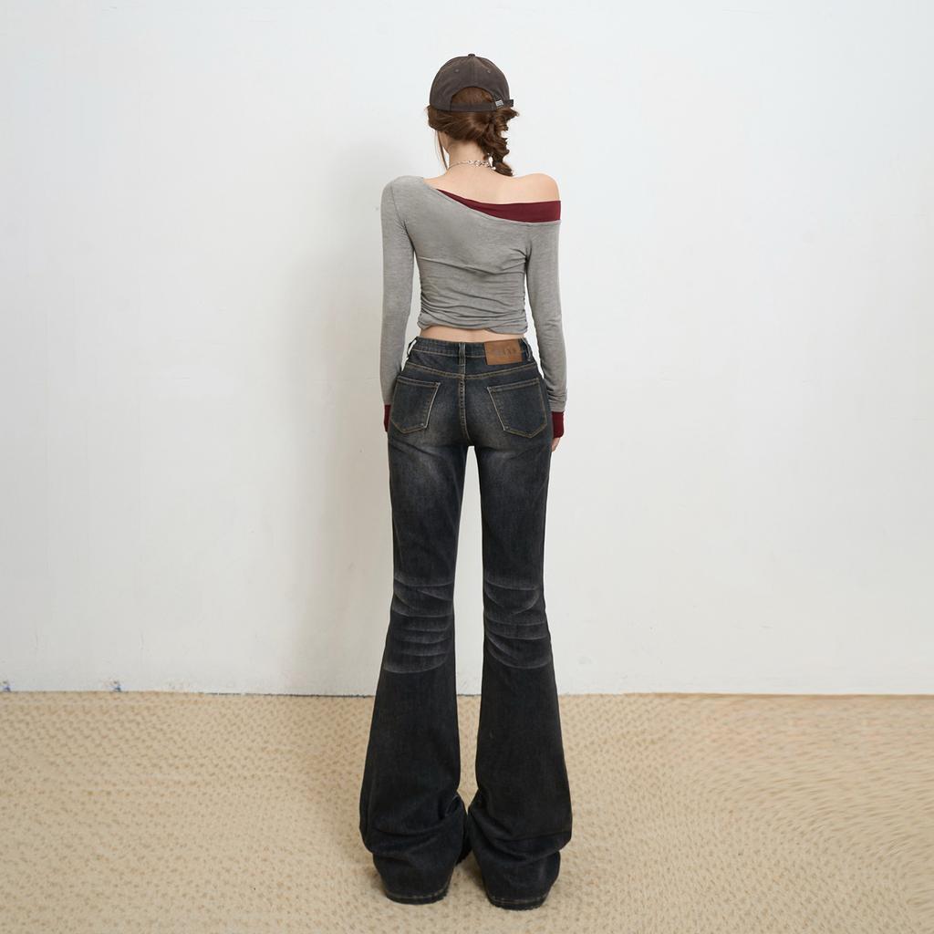 American gray micro-pull jeans women's spring and autumn new high-waisted elastic slim-fitting and thin versatile bell pants