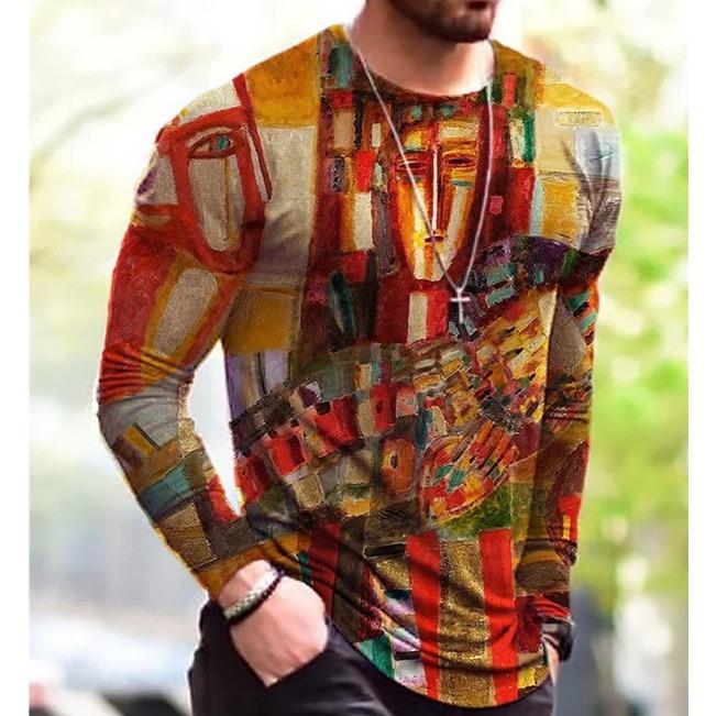 

Мужские футболки в стиле хип-хоп и рок, напечатанные на 3D-принтере, футболки с красочным узором, весенне-осенние повседневные топы с длинным рукавом и круглым вырезом, свободного кроя S