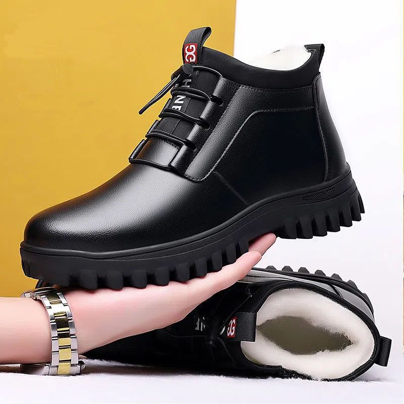 Winter men's cotton shoes piled thickened warm high-top leather shoes comfortable versatile snow boots outdoor trendy casual shoes