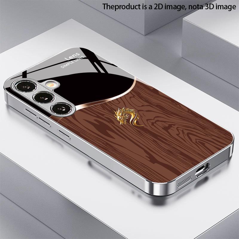 Wood Grain Golden Dragon Pattern 2D Phone Case for Samsung S26 S25 S24 S23 S22 S21 S20 A56 A36 A16 - Glass Protective Cover