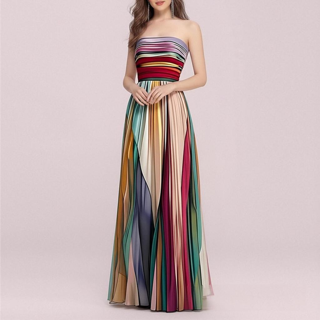 Dámské maxi šaty bez ramínek a rukávů, úzký střih, vysoký pas, duhový plisovaný potisk color block, večerní róba