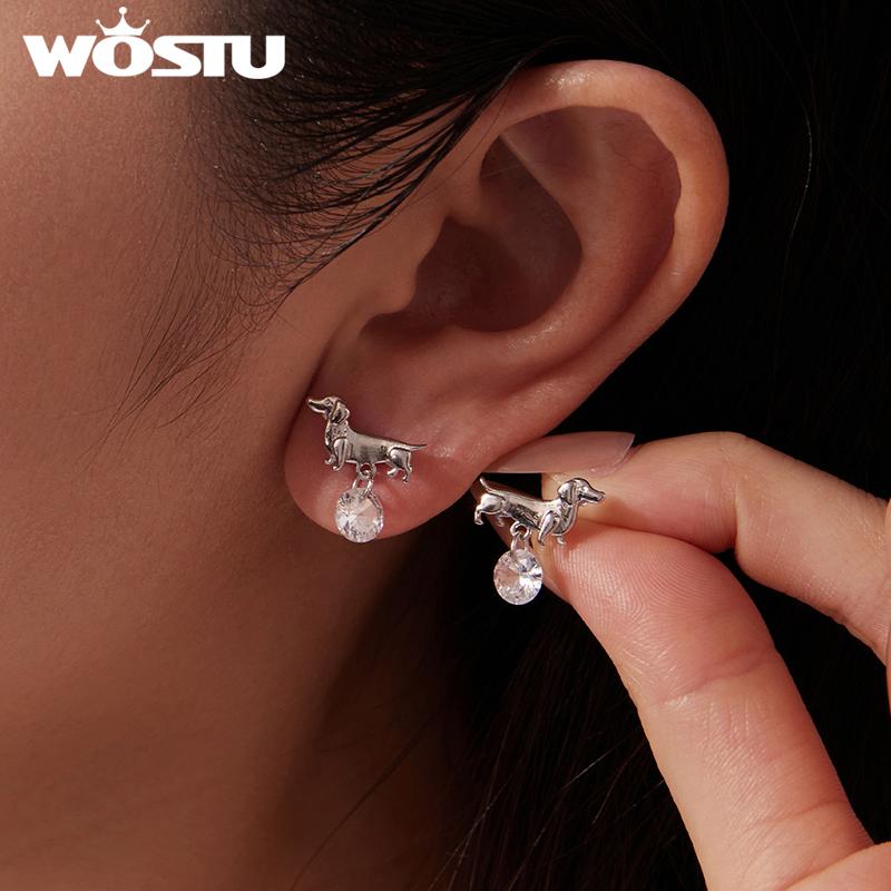 WOSTU Dachshund Dog Cat Stud Earrings With Zircon White Gold Plated Pet Ear Studs S925 Silver Backs Hypoallergenic Jewelry Gift