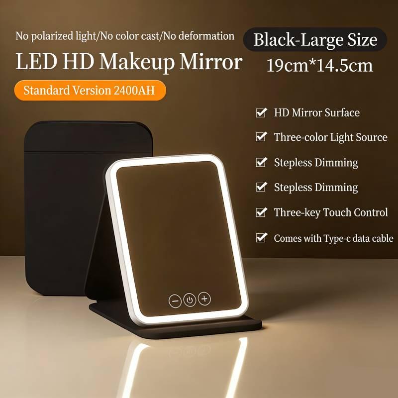 

3 Colors Dimmable LED Makeup Mirror With Touch Screen Fold Cosmetic Makeup Mirror Rechargeable Tabletop For Travel чёрный