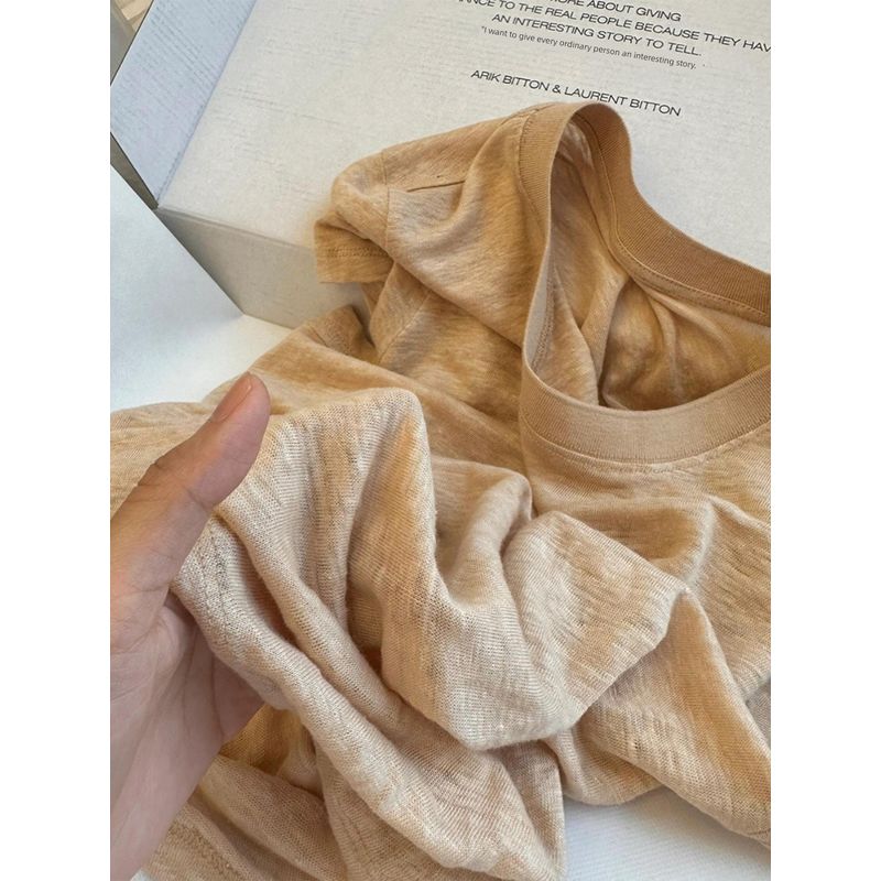 

Chao Level Recommend! French Import Rain Dew Linen T-Shirt Short Sleeve Women s Comfortable Cool Breathable Thin Cotton and Linen Tops Milk apricot S