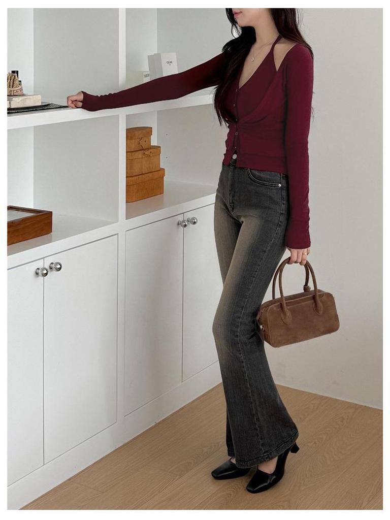 Korean Dongdaemun Elegant Halter Neck Slimming Long Sleeve T-shirt for Women