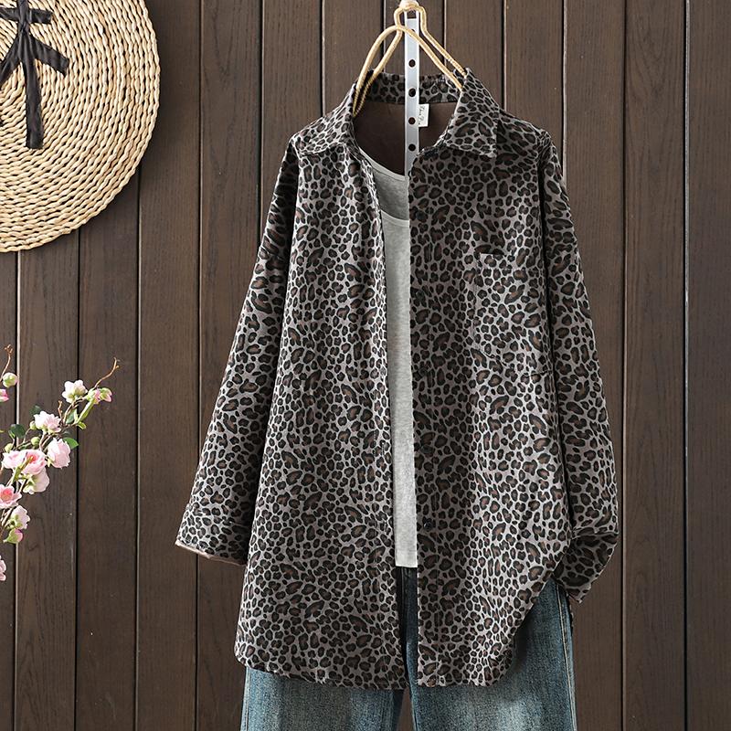 

DIMANAF 2025 Новые осенние женские куртки больших размеров Тонкие с длинным рукавом Свободные Повседневные рубашки на пуговицах Леопардовый принт one size чёрный