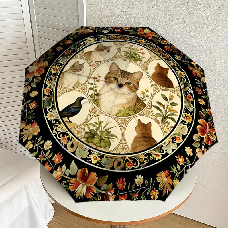 1PC Cats_flowers Umbrella-8-Rib Reinforced, Automatic Open, Lightweight & Durable, Cute Fashion Accessory for Outdoor, Beach or Casual Use, Beach Umbr