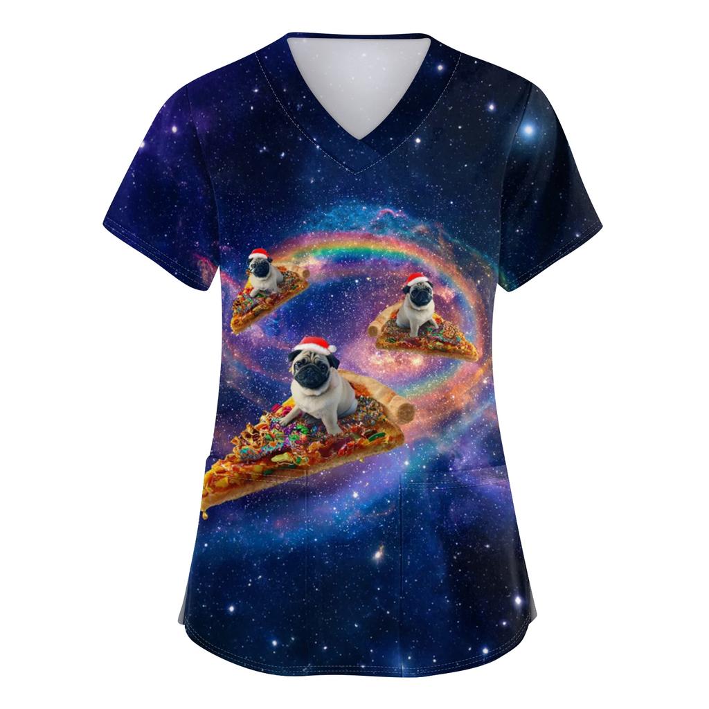 Women's V-neck Christmas printed short-sleeved pocket side-slit protective suit top
