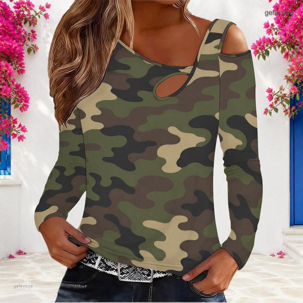 Women Plus Size Camouflage Print Asymmetric Cutout Cold Shoulder Long Sleeve Fitted Top