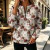 Women's V-Neck Half Zip Long Sleeve Pullover with Small Heart Print, Zipper Pull and Cuffed Sleeves