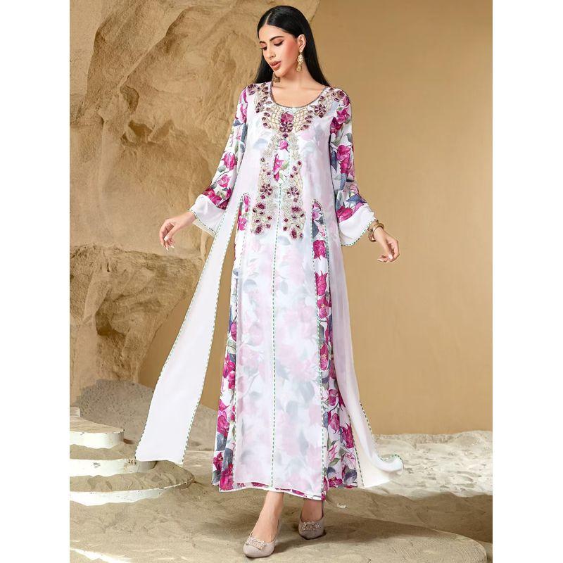 New Middle East Robe Loose Print Handmade Seam Drill Dress Hand Sewn Diamond Dress