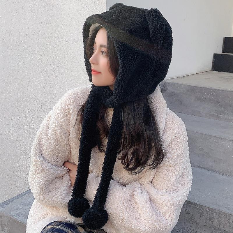 Winter Cute Bear Ears Warm Hat Women Beanies Windproof Cap Student Women Add Wool Cap Female Bomber Hat Present