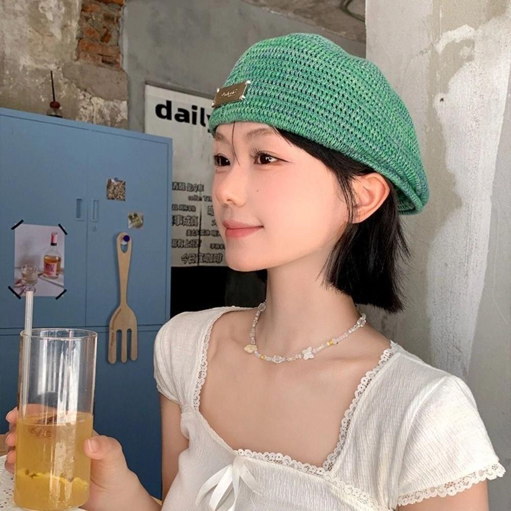 Breathable Hollowed Out Beret Hat Vintage Crochet Knitted Cap Elegant Weave Hat  Women