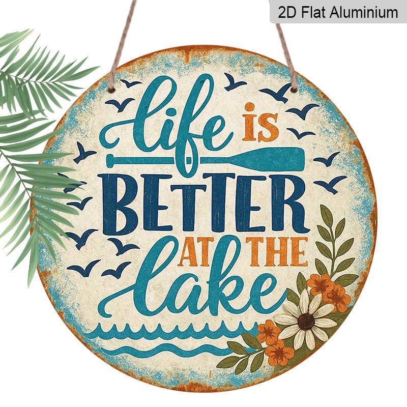 2D Flat, 1pc Round "Life Is Better At The Lake" Aluminum Hanging Sign, Vintage Lake House Paddle Flower Design, Rustic Metal Wall Decor, Perfect for