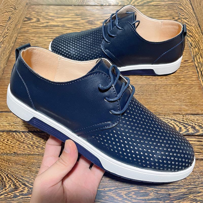 Men's British Style Summer Leather Shoes: Hollow Design, Large Size, Round Toe for Casual and Business Wear.