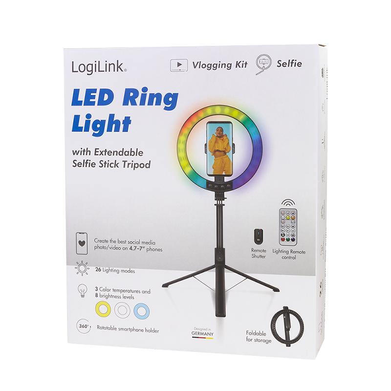 LogiLink LED Ring Light with Selfie Stick Tripod and Bluetooth Remote Control