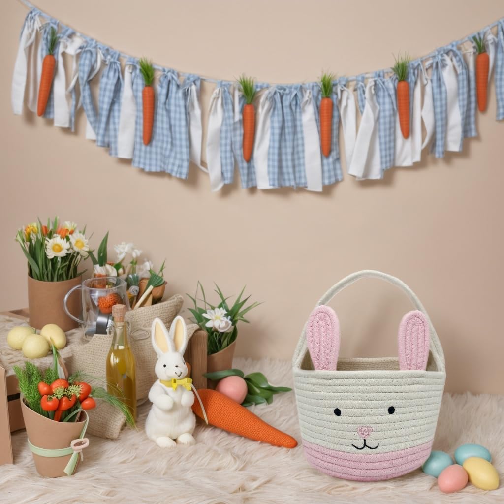 Easter Basket, Easter Bunny Baskets with Handle, Baby Gift Baskets, Egg Buckets Gifts Tote Bags Egg Hunt Basket for Kids, Boys, Girls, Toddler,