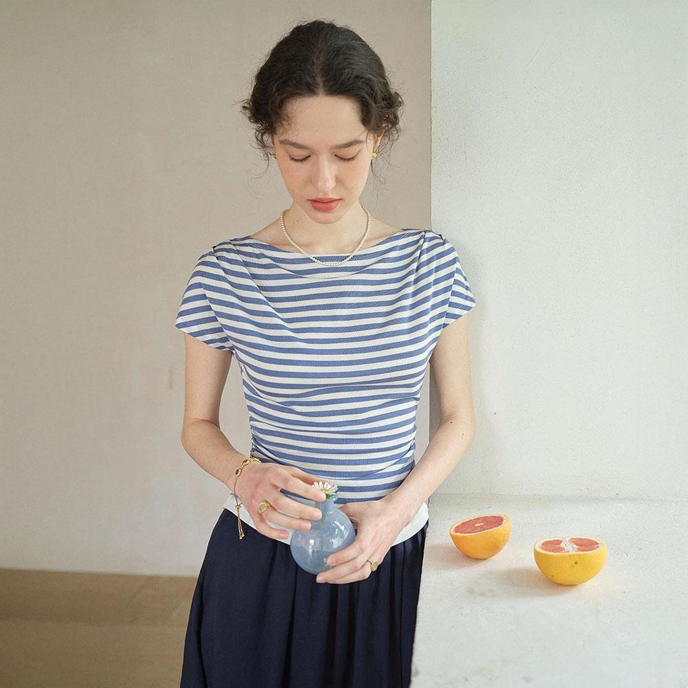 Simpeulleteulo Sr_Wavy Collar Striped Top_2Color