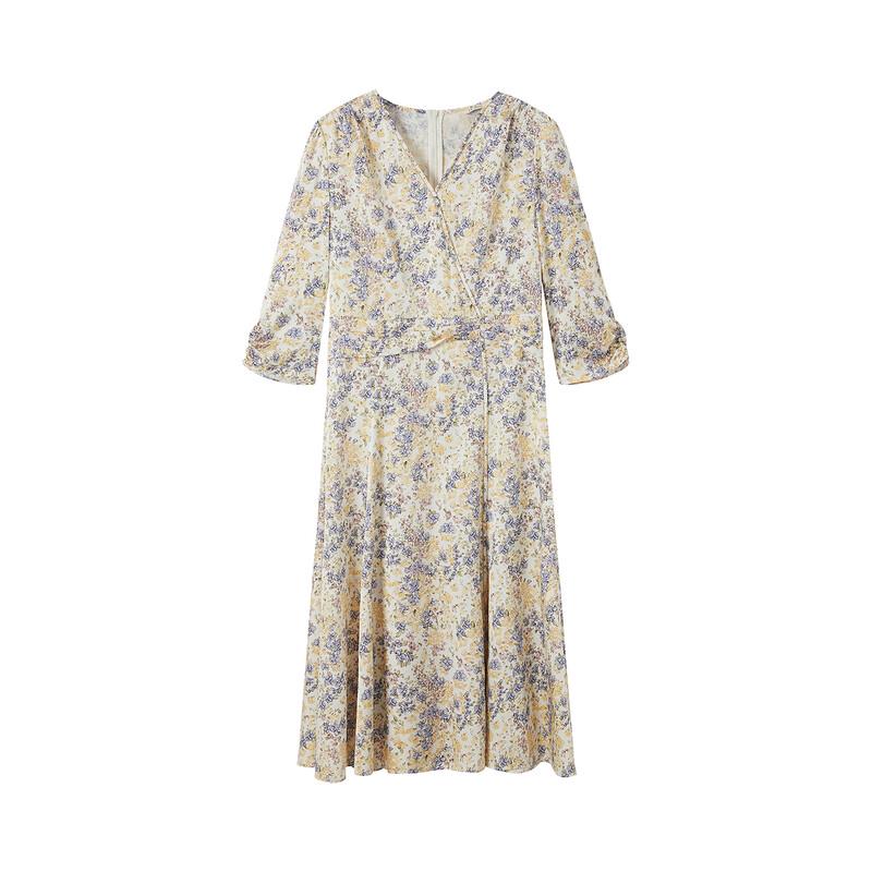 JUZUI Elegant Mulberry Silk Print V-Neck Dress