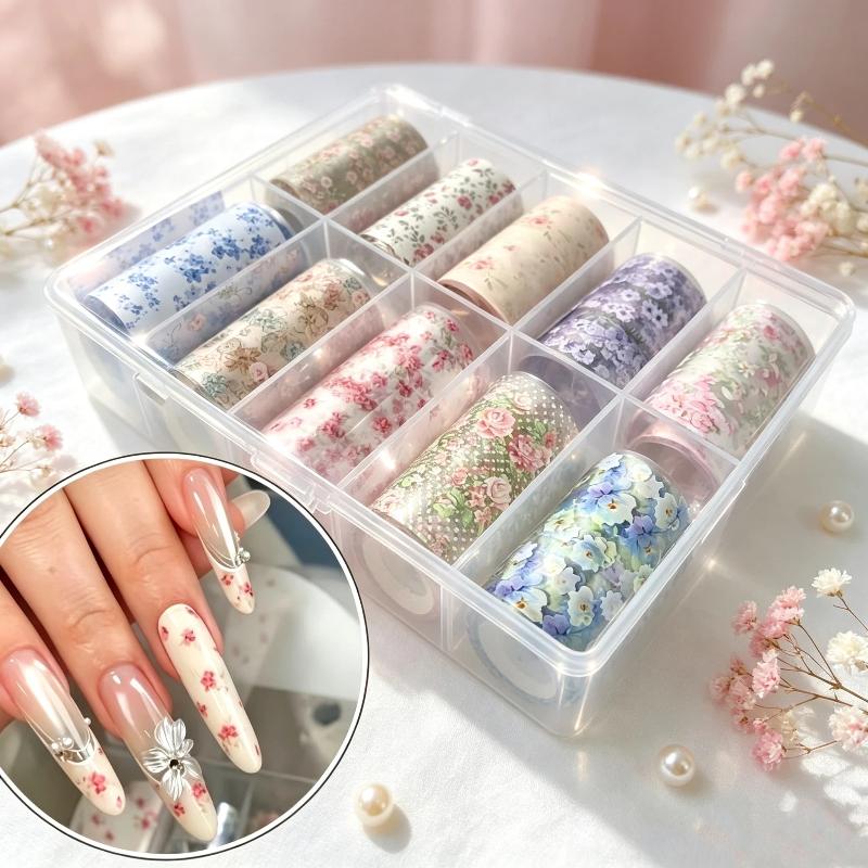 10 Rollen/Karton 100cm Französische Kleine Blumennagel-Folien Für Transferpapier Blumige Rosen-Nagel-Wraps Elegante Nagelkunst-Dekoration