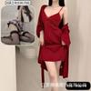 Spring and Summer Sexy Nightdress Lace Temptation V-neck Gathering Ice Silk Suspender Nightdress Backless Chest Pad Suspender Nightdress Set