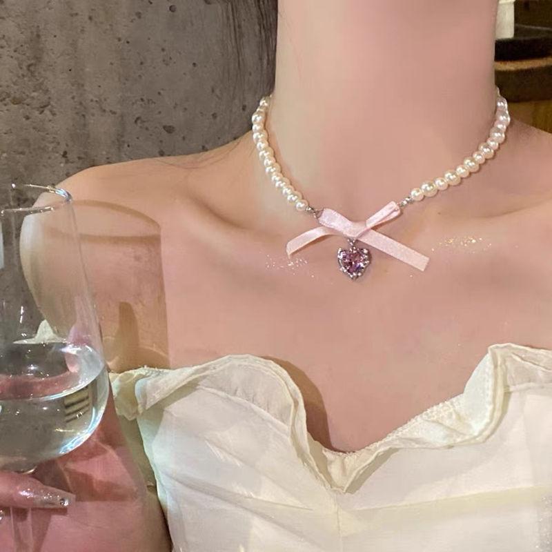 Bow Heart Pendant Pearl Necklace Women's Internet Sweet Desire Necklace Clavicle Chain Women