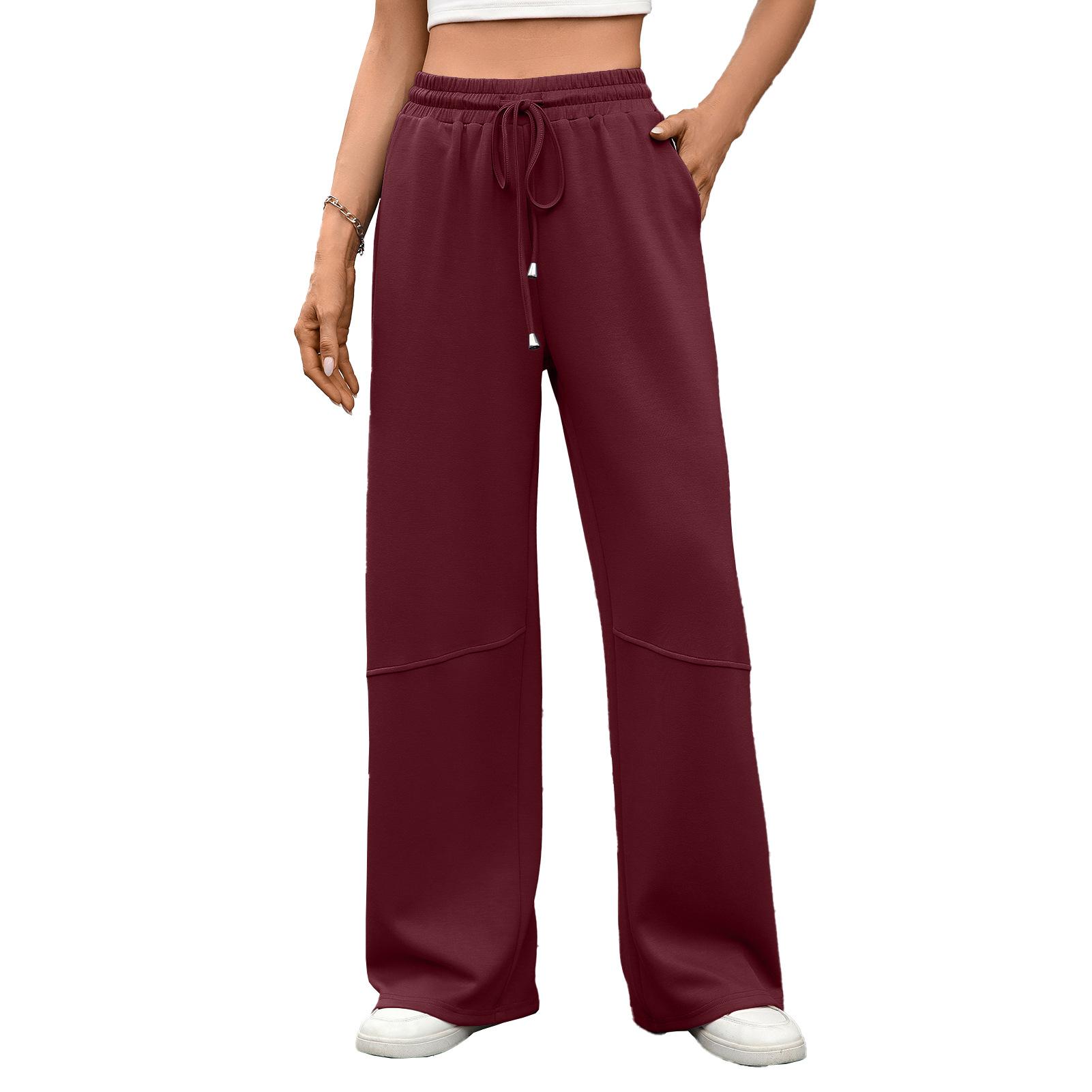

New Solid Color Pocket Wide Leg Pants Women s Pants 2XL вина червоного кольору