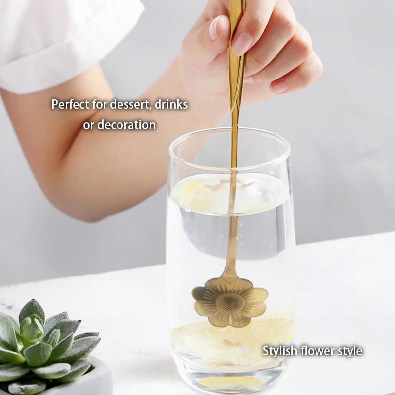 6pcs Gold Flower Stainless Steel Tea Spoons Set Coffee Spoon Honey Dessert Ice Cream Scoop Teaspoon Cafe  Long Handle Tableware