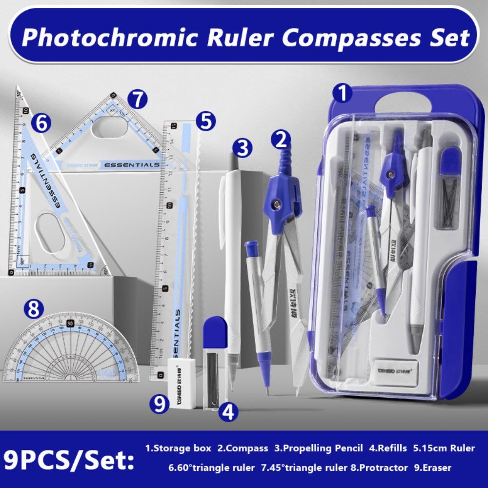 9PCS/Set Propelling Pencil Stationery Ruler Set Plastic Protractor Drawing Tool  Students