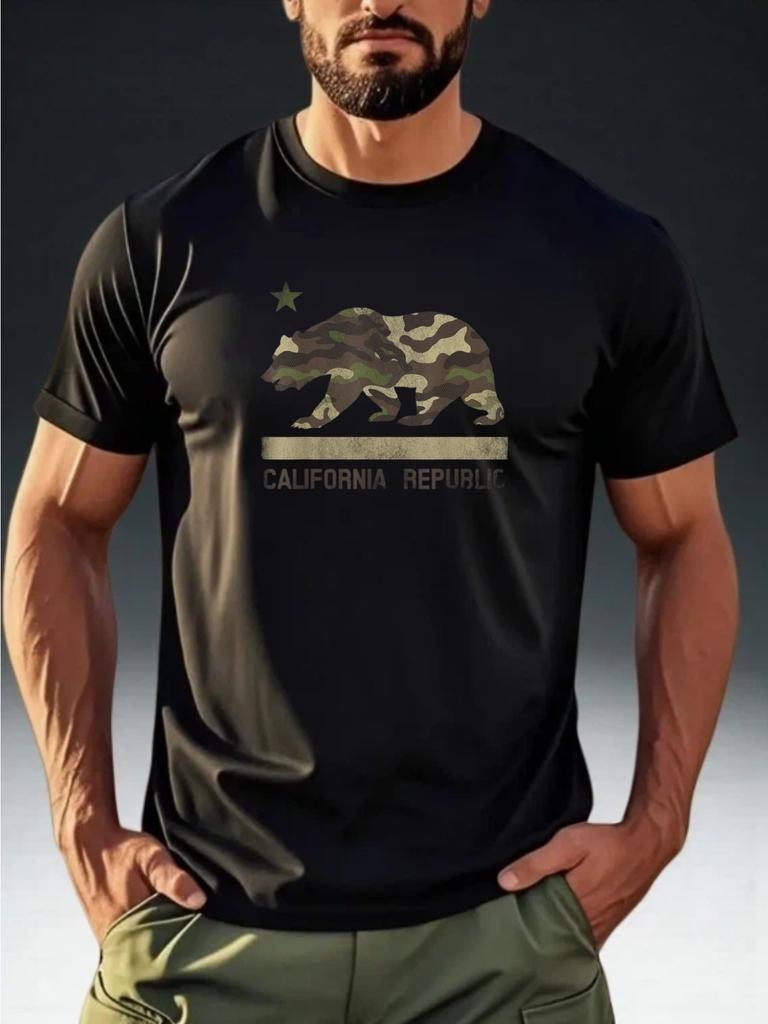 T-shirt à manches courtes pour homme avec un design tendance d'ours camouflage de la République de Californie