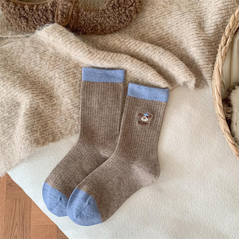 Maillard Mid-Tube Cartoon Double Needle Stack Socks Cute Embroidered Socks Trendy Coffee Color Warmth