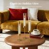 3pcs Golden Hurricane Taper Candle Holders Brass Candlestick Holders with Ribbed Glass Cylinder Cover Fluted Tall Candle Sticks Holder Decor
