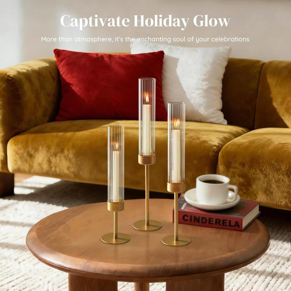 3pcs Golden Hurricane Taper Candle Holders Brass Candlestick Holders with Ribbed Glass Cylinder Cover Fluted Tall Candle Sticks Holder Decor