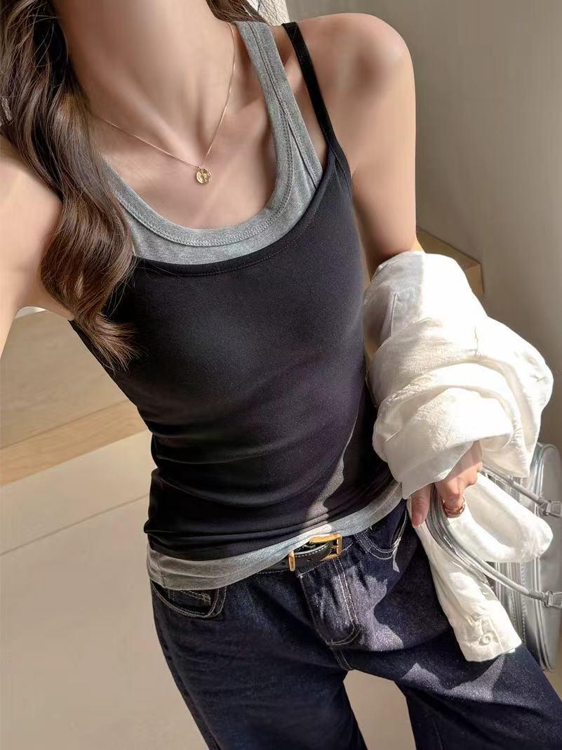 Women s Pure Cotton Slimming Spaghetti Strap Fake Two-Piece Base Layer Vest, Racerback Top. L (115-130 lbs)
