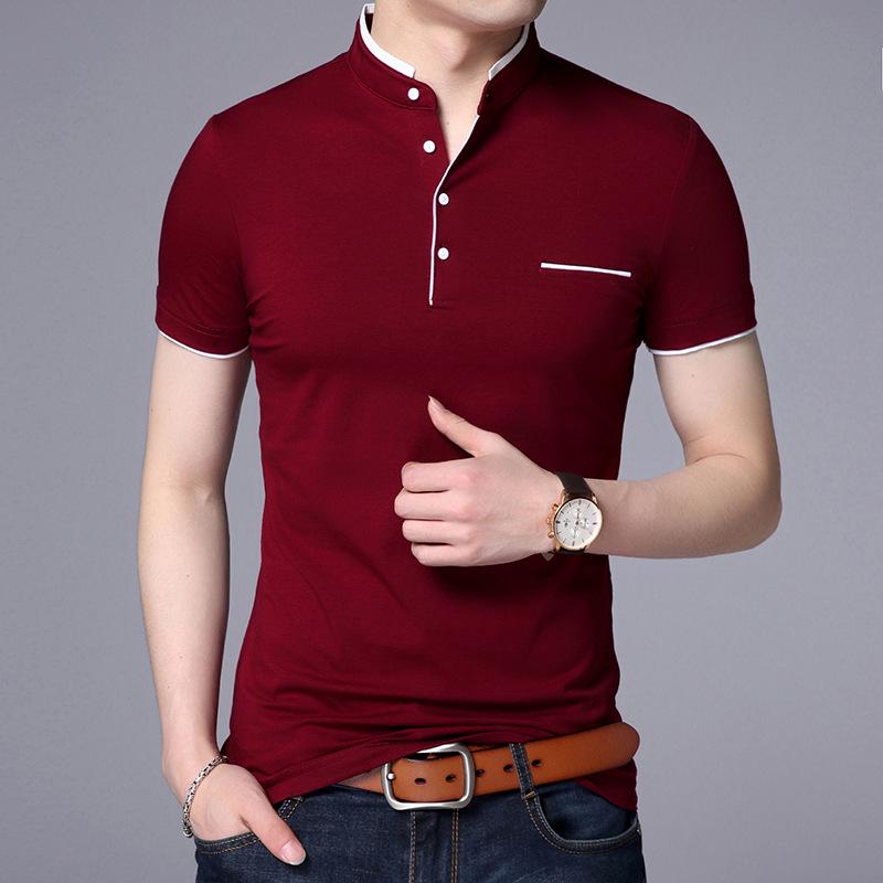 Men's Casual and Fashionable Solid Color Short Sleeved Stand Up Collar T-shirt Summer Versatile and Comfortable Top