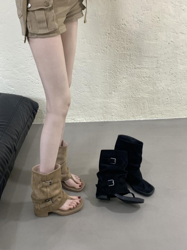2025 New Fashion Maillard Toe Hollow Short Cool Boots Women's Summer Thin Long Boots Thick Heel Stacking Boots