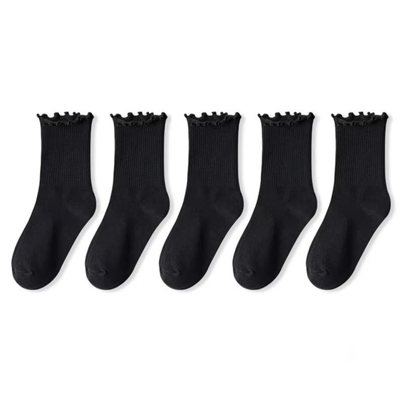5 Paare /Los Socken für Damen Rüschen Mittelrohr Knöchel Kurz Atmungsaktiv Schwarz Weiß Set Frühling Herbst