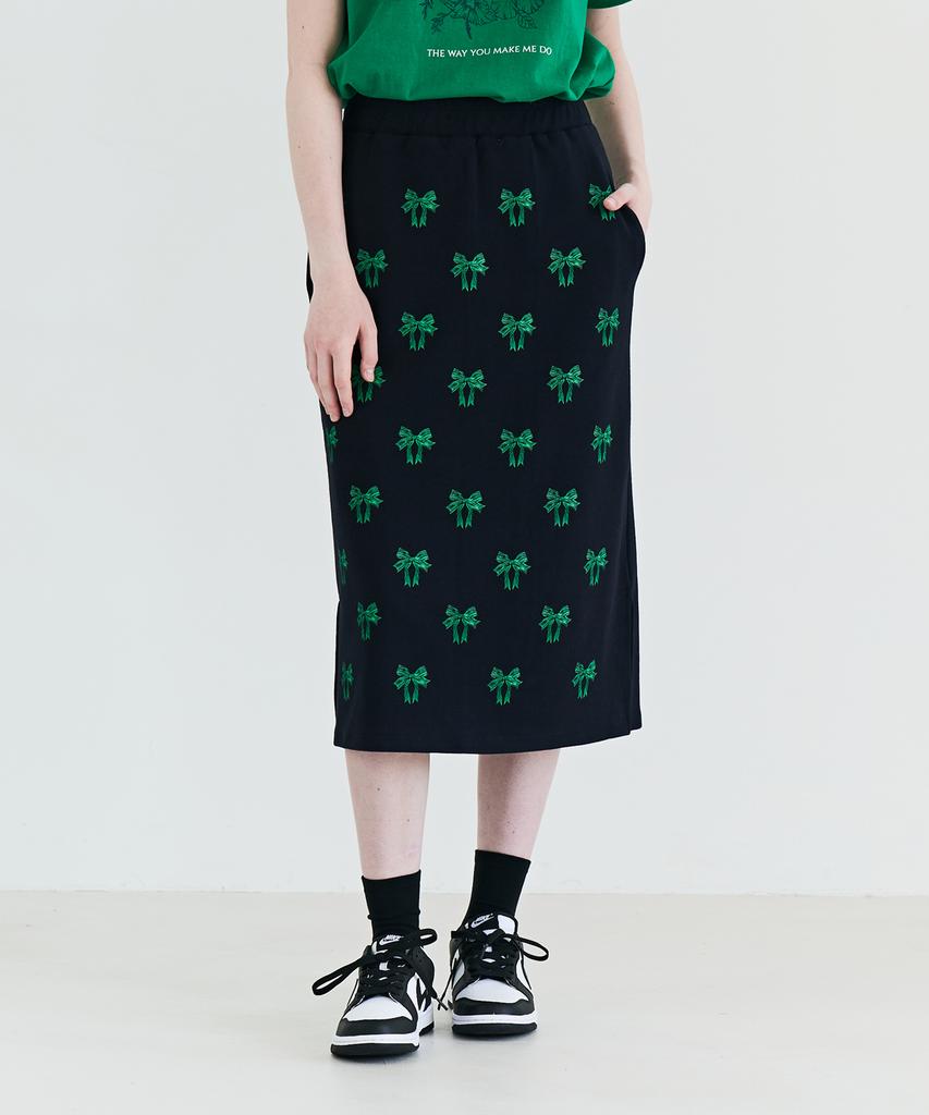 Metapeo Met Ribbon Print Elastic Waist Long Skirt Navy & Green