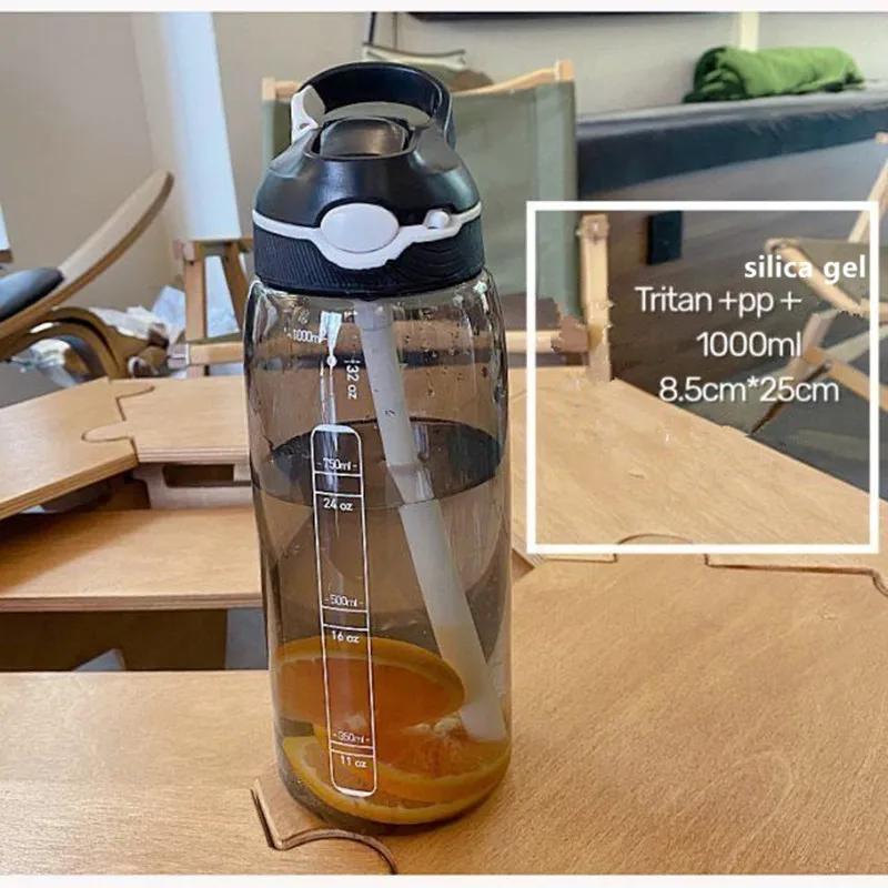 1L Straw Sports Water Bottle Portable Large Capacity with Straw Sports Water Bottle Gym Camping Trip