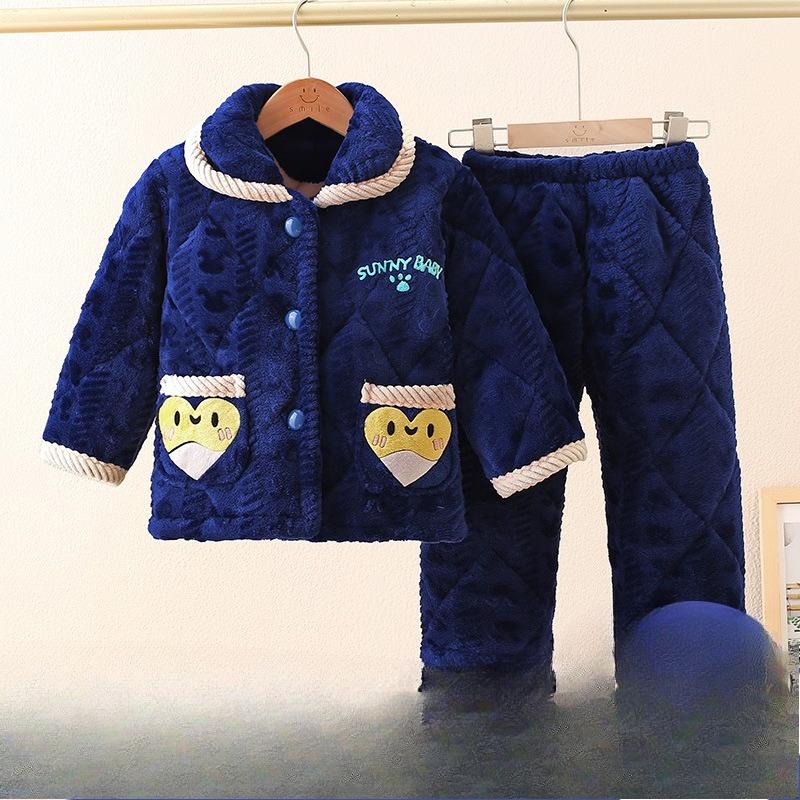 New Pajamas Crystal Flannel Padded Set Autumn And Winter Men'S And Children'S Loungewear Thickened Pajamas To Keep Warm