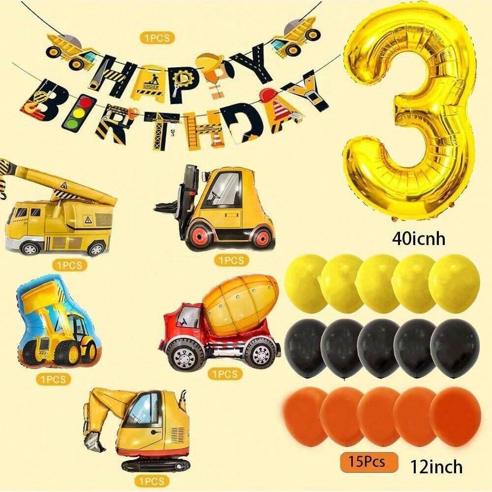 22Pcs Excavator, Tractor Engineering Vehicle Balloon Number 1~9 Balloons  Engineering Vehicle Flag Birthday Banner Decoration