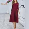 Women's Pleated A-line Midi Dress 3/4 Sleeve Crew Neck Swing Dress Summer Beach Vacation Flowy Sundress
