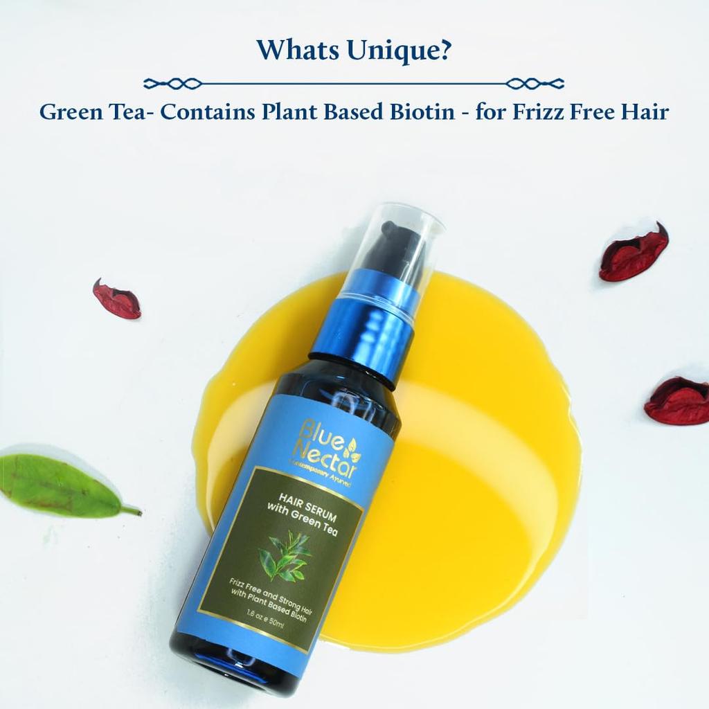 Blue Nectar Green Tea Hair Serum for Frizzy & Damaged Hair | Plant Based Biotin Hair Growth Serum for Women & Men (12 Herbs, 50ml)