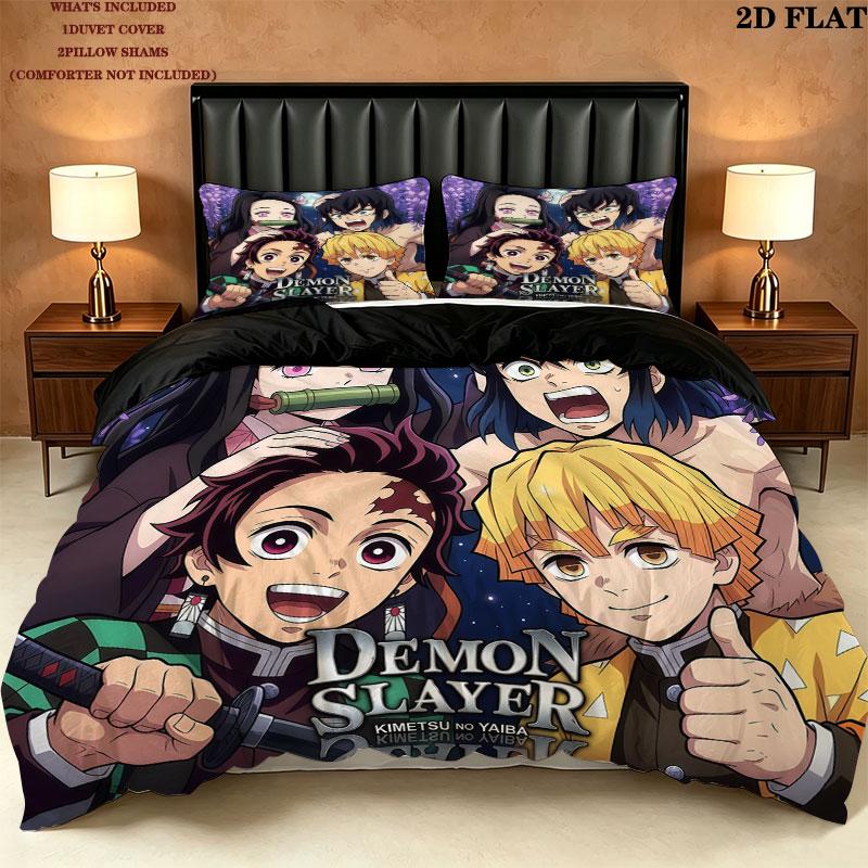 Set Copripiumino Trapuntato con Fantasia Demon Slayer Federa Cuscino Regalo di Compleanno per la Casa(1 * copripiumino + 2 * federa, senza nucleo)