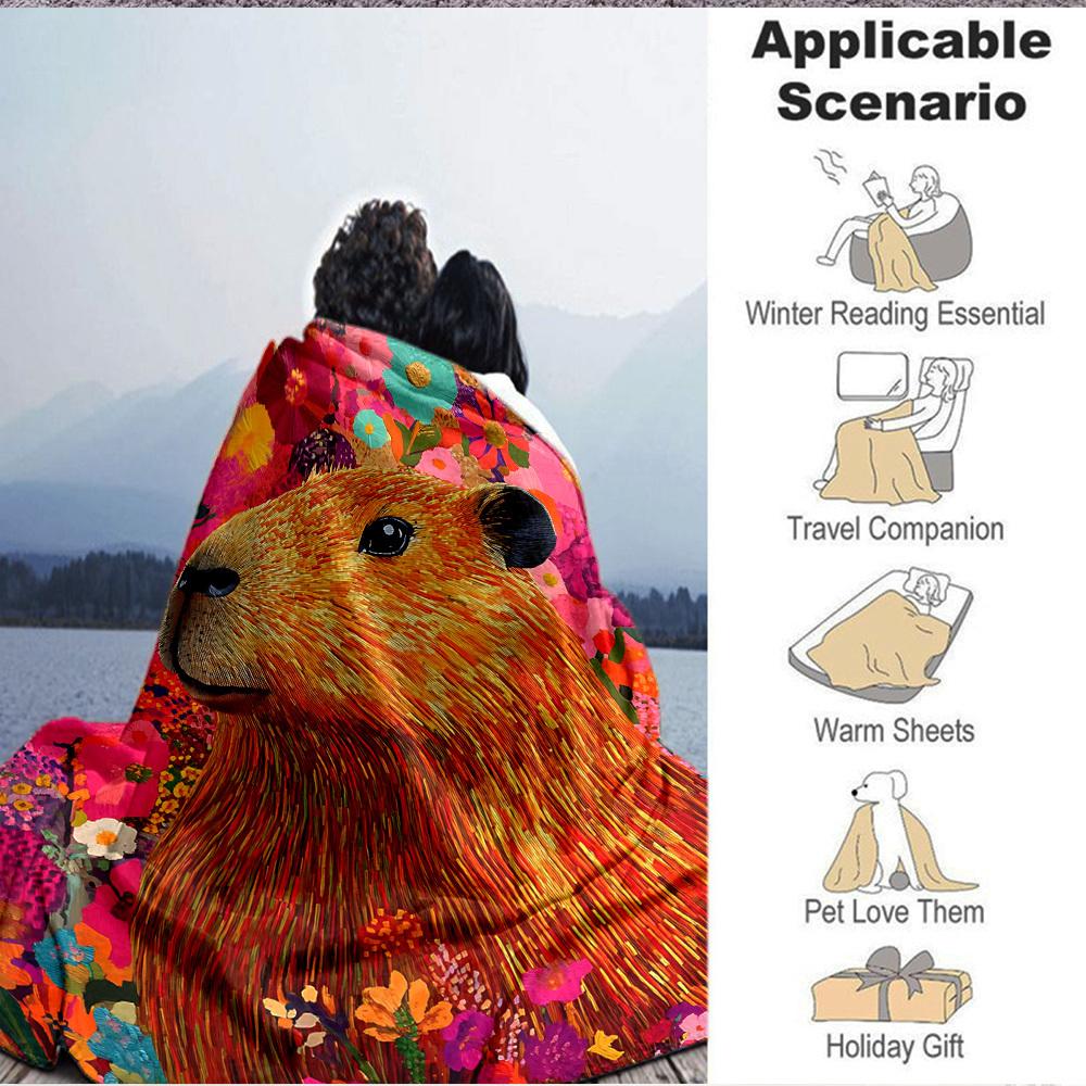 1pc Capybara, Floral Print Soft & Warm Polyester Knit Blanket, Digital Printed, All-Season Throw for Napping, Traveling, Sofa yy250906026