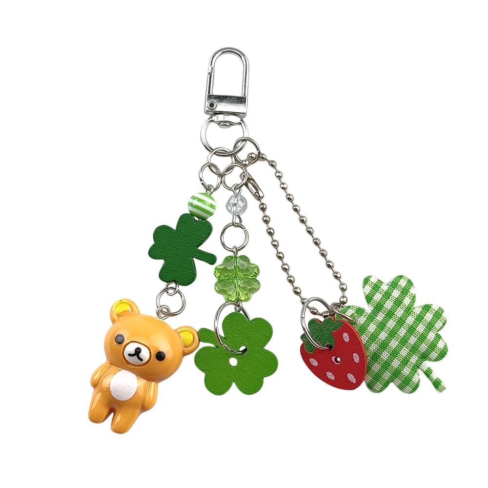 Cute Bell Bear Pendant Matching Phone Charms Keychains Handmade Rilakkuma Strawberry Beaded Accessories Jewelry Couple Gifts