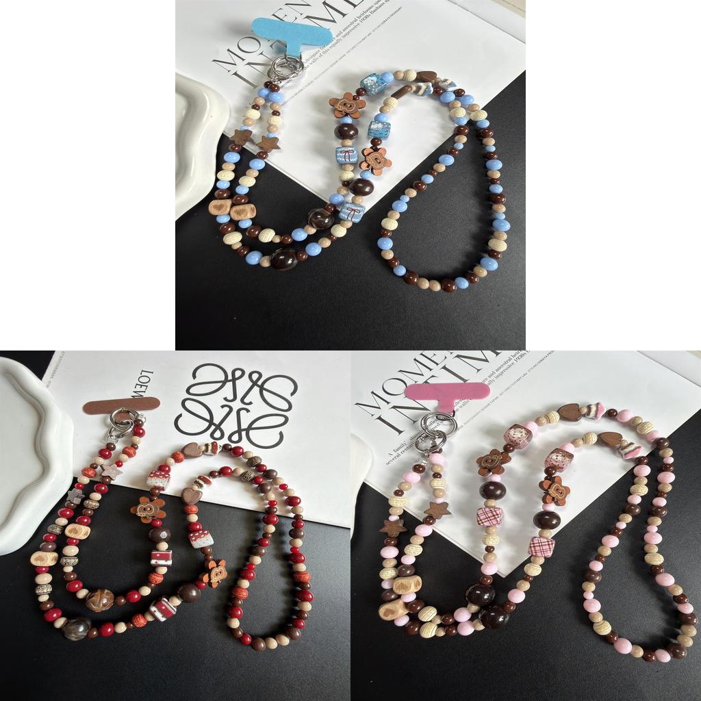 Pvc Wooden Flower Phone Lanyard With Beads For Women And Men