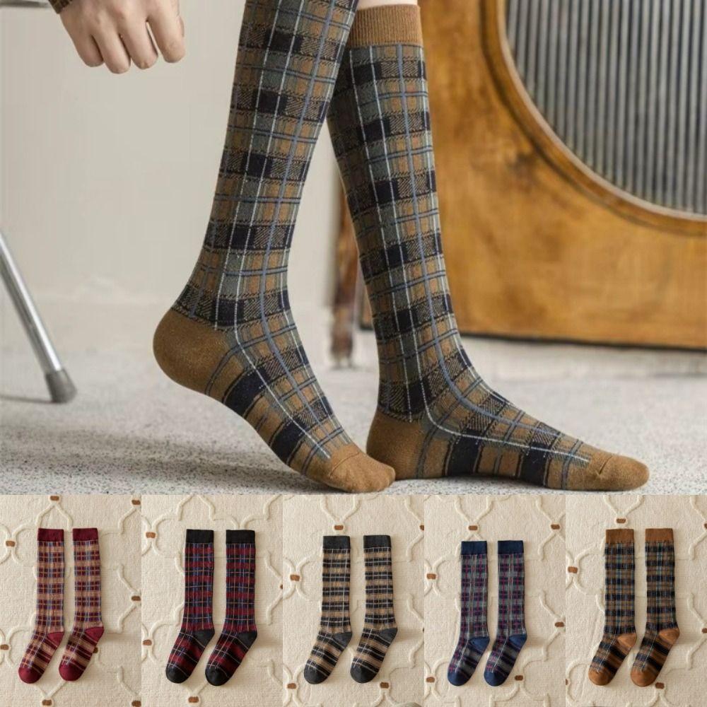 Cotton Plaid Long Socks Harajuku Retro School Girls Knee Socks Soft Women Stockings