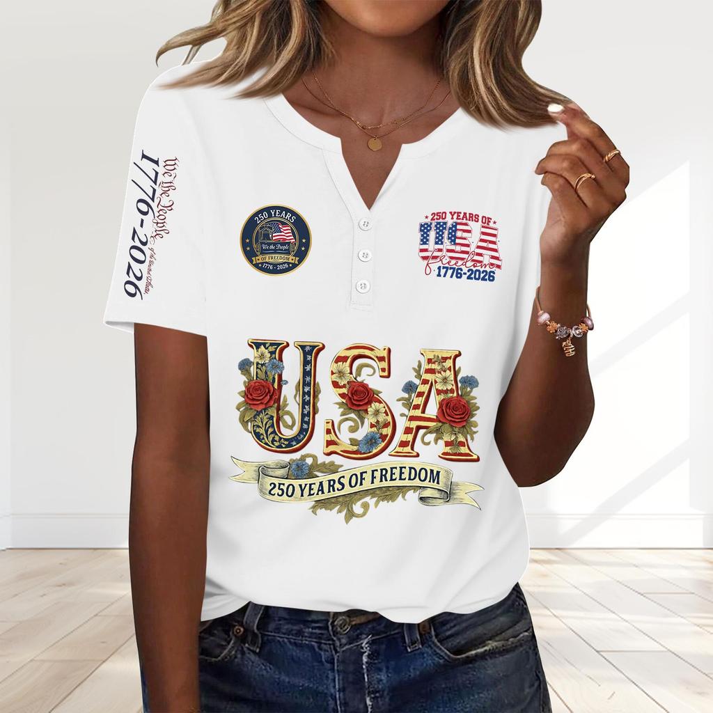 Damenmode Lässig 250. Jahrestag Unabhängigkeitstag Druck V-Ausschnitt Kurzarm Dekoriert Knopfleiste T-Shirt